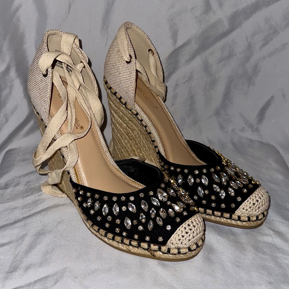 Shoe Dazzle Black and Beige Jeweled Espadrille Wedge Heels